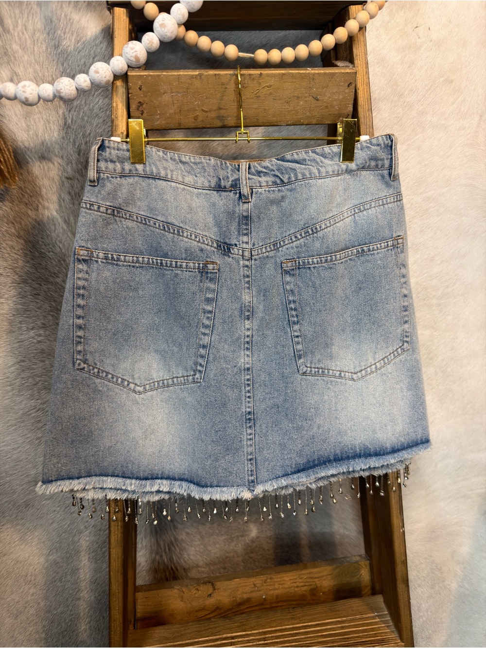 Geegee Light Blue Embellished Denim Mini Skirt with Beaded Fringe - Picture 5 of 5